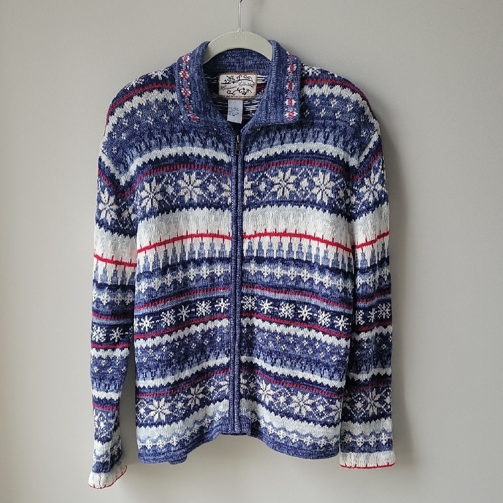 Heirloom Collectibles Blue Snowflakes Patterned Zip Up Sweater Women Size Large